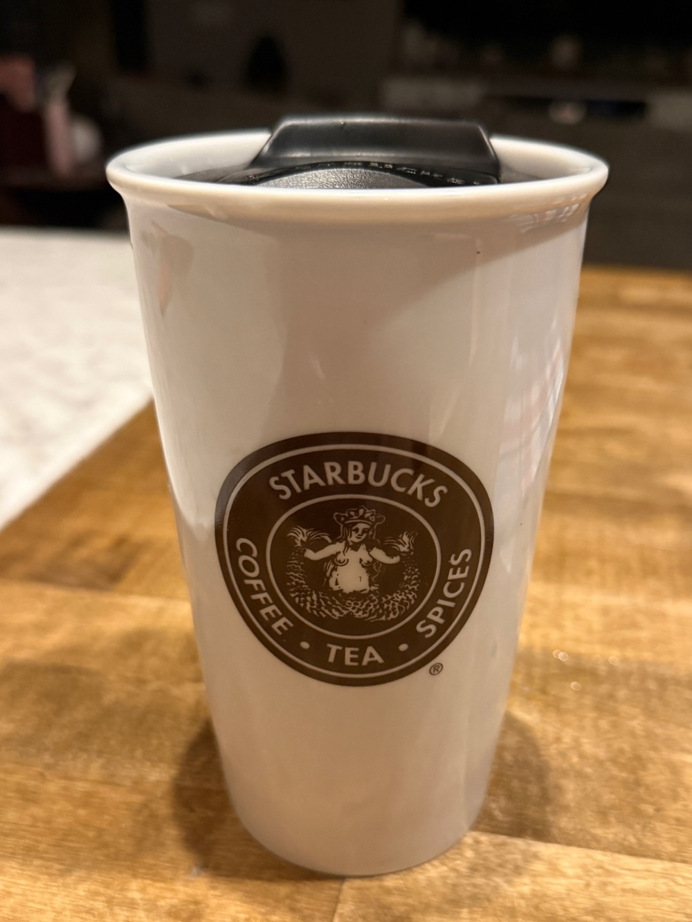 Starbucks White Ceramic 2012 Pikes Place Tumbler with Brown Logo 12 oz
